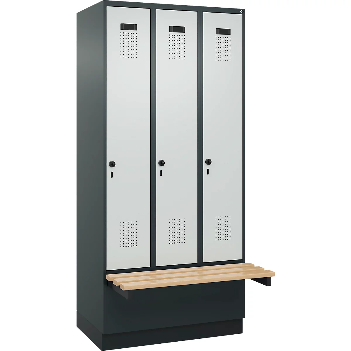 Vestiaire C+P Evolo Plus, 3 compartiments de 300 mm de large, socle, banquette flottante, L 900 x P 815 x H 1950 mm, loquet rotatif, gris anthracite/gris clair