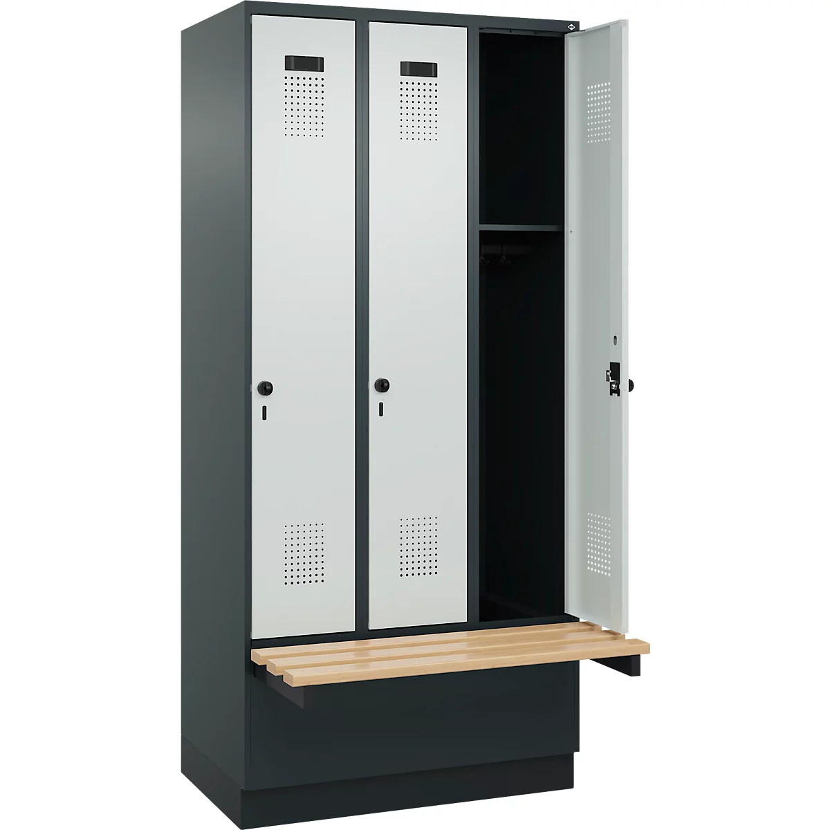 Vestiaire C+P Evolo Plus, 3 compartiments de 300 mm de large, socle, banquette flottante, L 900 x P 815 x H 1950 mm, loquet rotatif, gris anthracite/gris clair