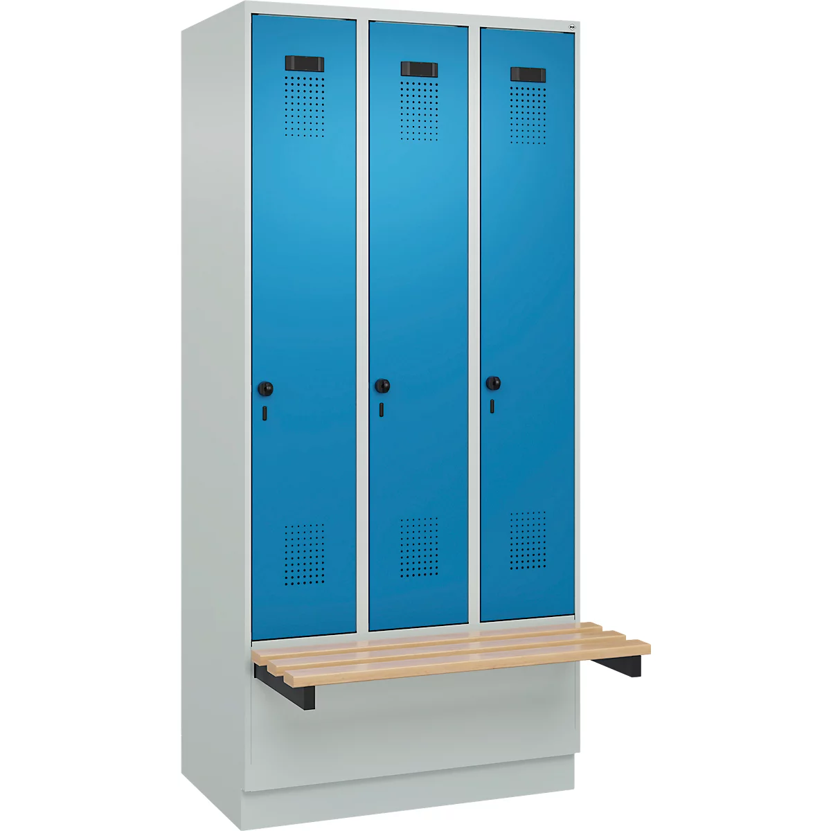 Vestiaire C+P Evolo Plus, 3 compartiments de 300 mm de large, socle, banquette flottante, L 900 x P 815 x H 1950 mm, loquet rotatif, gris clair/bleu clair