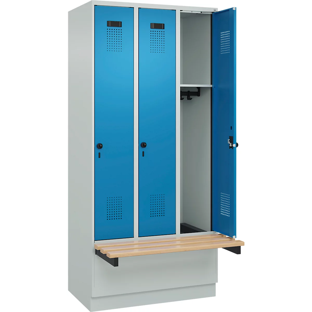 Vestiaire C+P Evolo Plus, 3 compartiments de 300 mm de large, socle, banquette flottante, L 900 x P 815 x H 1950 mm, loquet rotatif, gris clair/bleu clair
