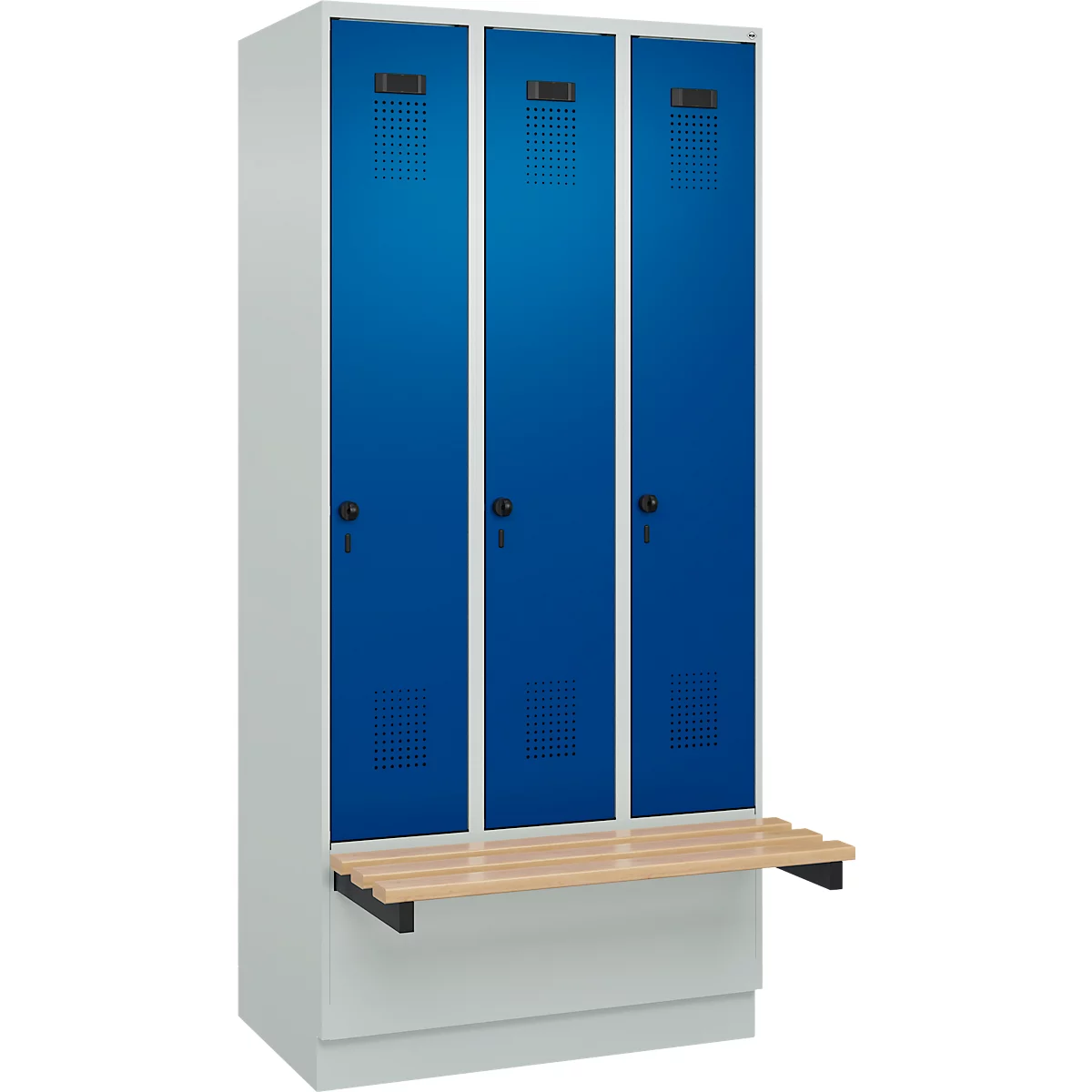 Vestiaire C+P Evolo Plus, 3 compartiments de 300 mm de large, socle, banquette flottante, L 900 x P 815 x H 1950 mm, loquet rotatif, gris clair/bleu gentiane