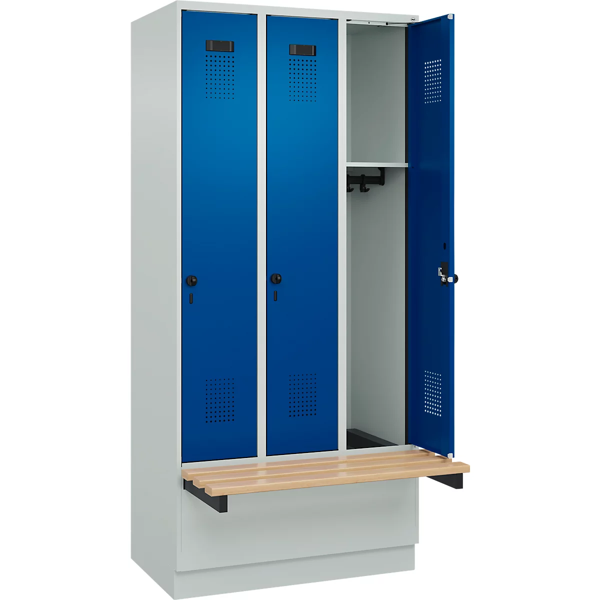 Vestiaire C+P Evolo Plus, 3 compartiments de 300 mm de large, socle, banquette flottante, L 900 x P 815 x H 1950 mm, loquet rotatif, gris clair/bleu gentiane