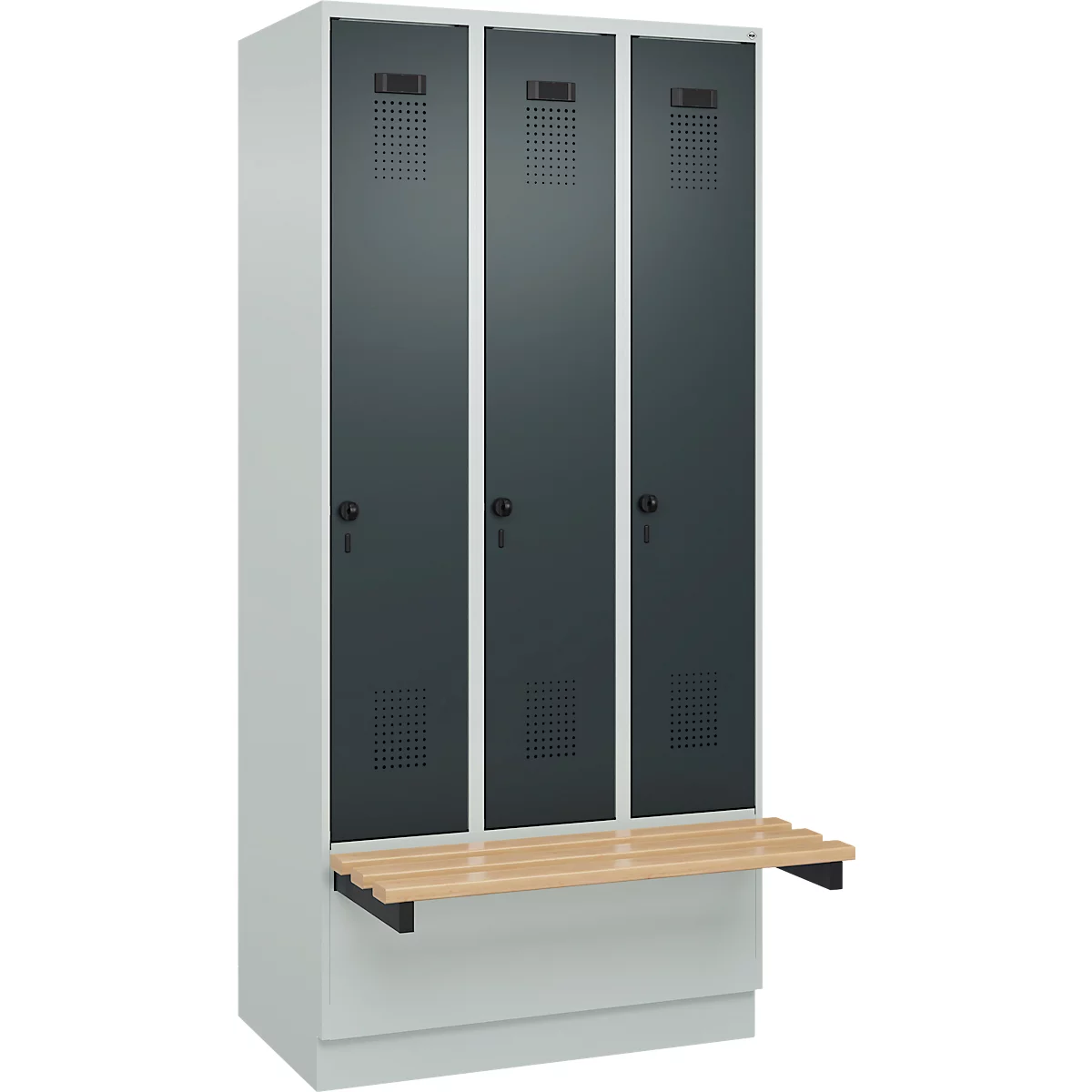 Vestiaire C+P Evolo Plus, 3 compartiments de 300 mm de large, socle, banquette flottante, L 900 x P 815 x H 1950 mm, loquet rotatif, gris clair/gris anthracite