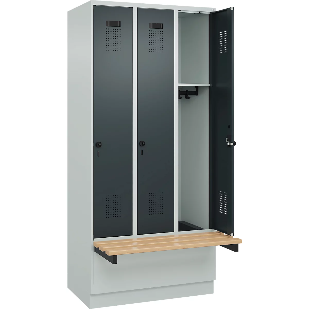 Vestiaire C+P Evolo Plus, 3 compartiments de 300 mm de large, socle, banquette flottante, L 900 x P 815 x H 1950 mm, loquet rotatif, gris clair/gris anthracite