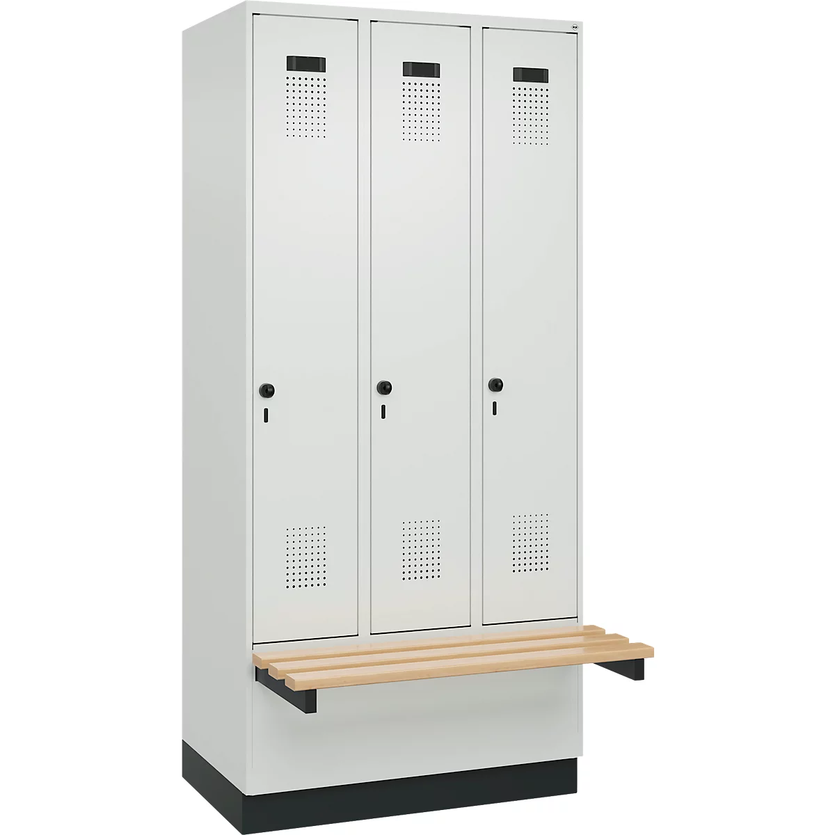 Vestiaire C+P Evolo Plus, 3 compartiments de 300 mm de large, socle, banquette flottante, L 900 x P 815 x H 1950 mm, loquet rotatif, gris clair/gris clair