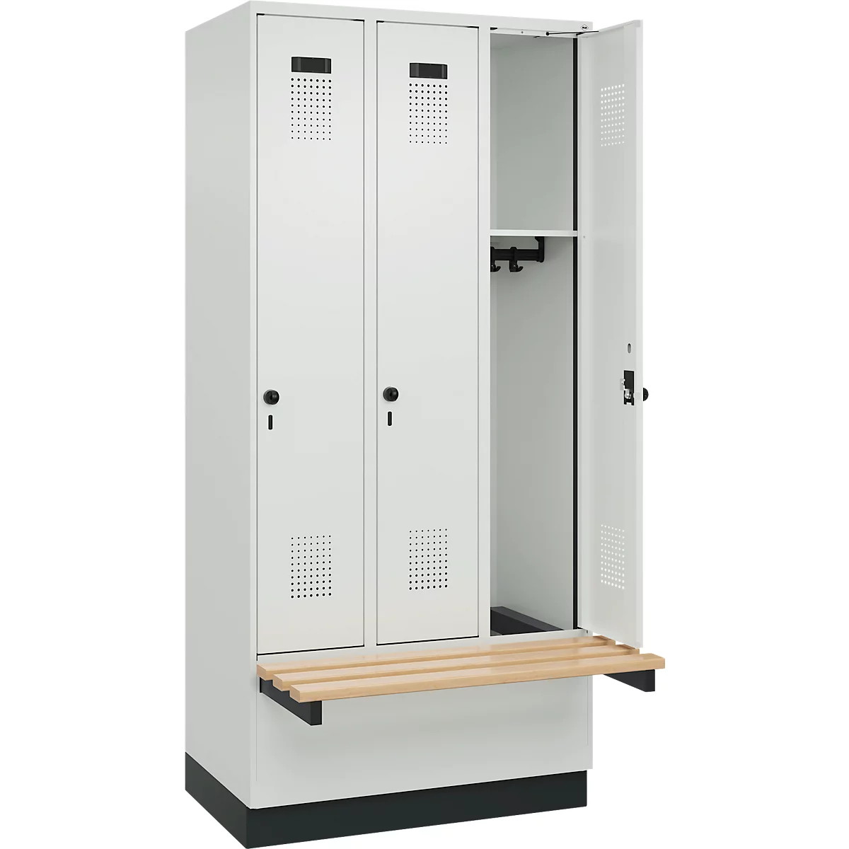 Vestiaire C+P Evolo Plus, 3 compartiments de 300 mm de large, socle, banquette flottante, L 900 x P 815 x H 1950 mm, loquet rotatif, gris clair/gris clair