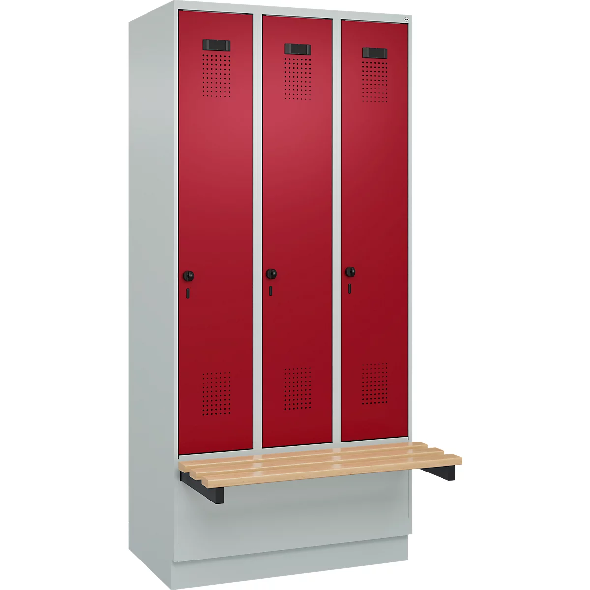Vestiaire C+P Evolo Plus, 3 compartiments de 300 mm de large, socle, banquette flottante, L 900 x P 815 x H 1950 mm, loquet rotatif, gris clair/rouge rubis