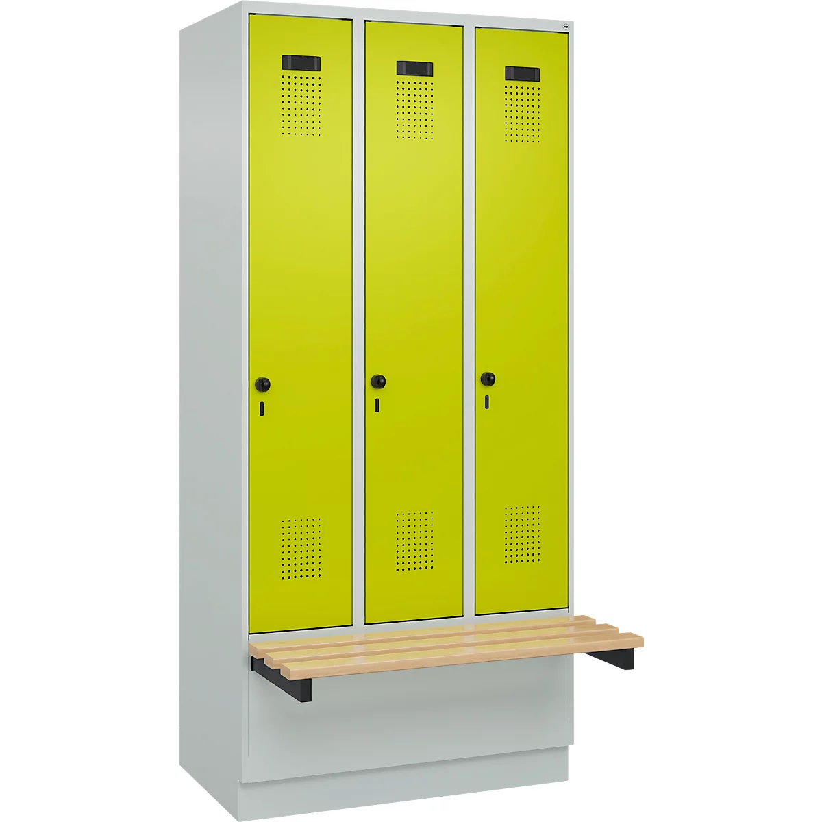 Vestiaire C+P Evolo Plus, 3 compartiments de 300 mm de large, socle, banquette flottante, L 900 x P 815 x H 1950 mm, loquet rotatif, gris clair/vert clown