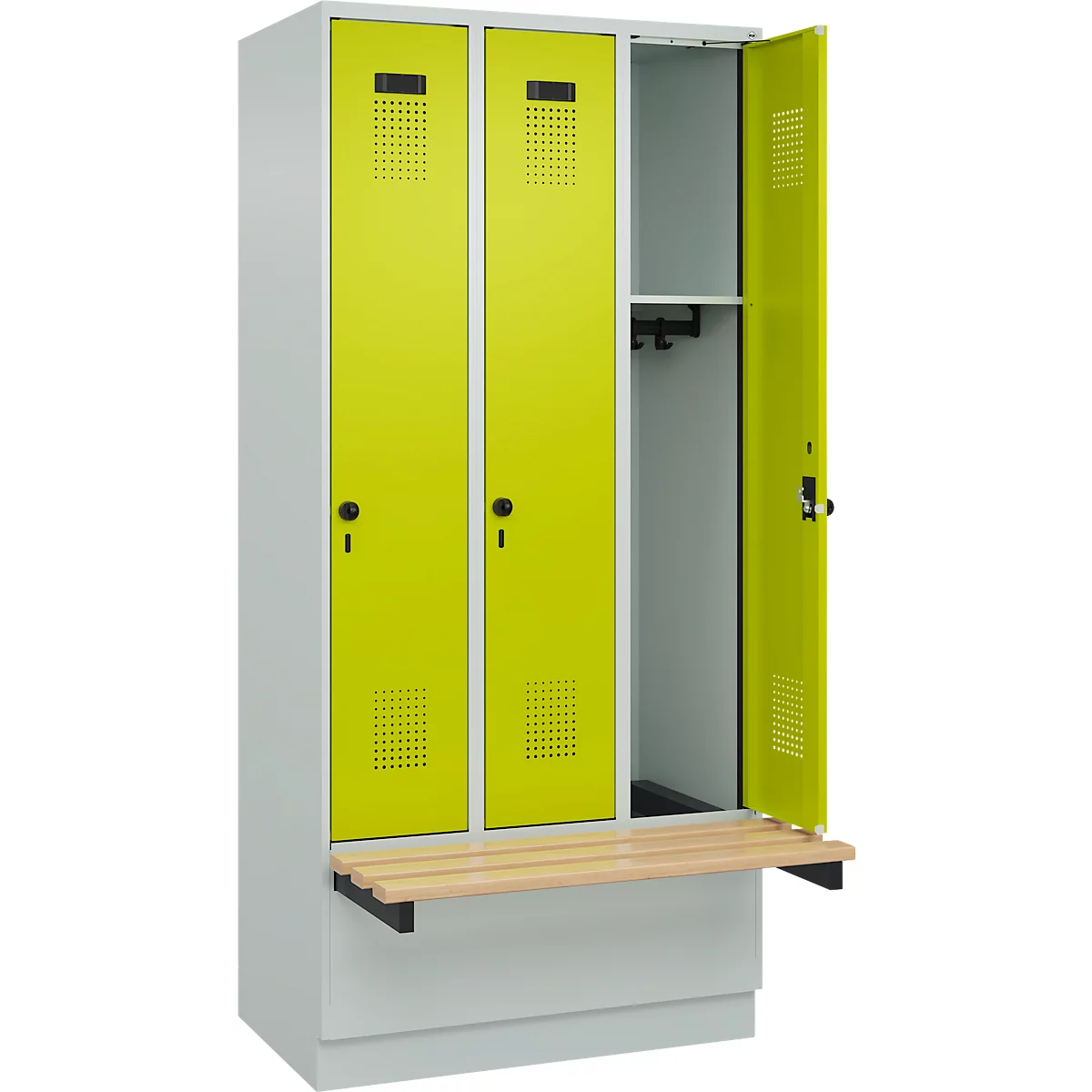 Vestiaire C+P Evolo Plus, 3 compartiments de 300 mm de large, socle, banquette flottante, L 900 x P 815 x H 1950 mm, loquet rotatif, gris clair/vert clown