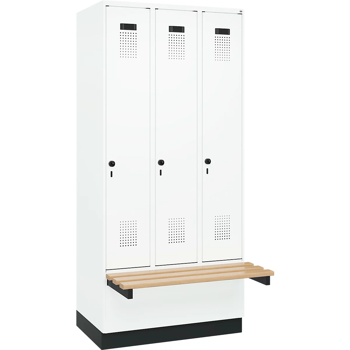 Vestiaire C+P Evolo Plus, 3 compartiments de 300 mm de large, socle, banquette flottante, L 900 x P 815 x H 1950 mm, verrou rotatif, blanc signalisation/blanc trafic