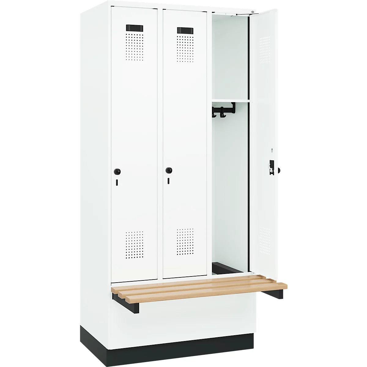 Vestiaire C+P Evolo Plus, 3 compartiments de 300 mm de large, socle, banquette flottante, L 900 x P 815 x H 1950 mm, verrou rotatif, blanc signalisation/blanc trafic