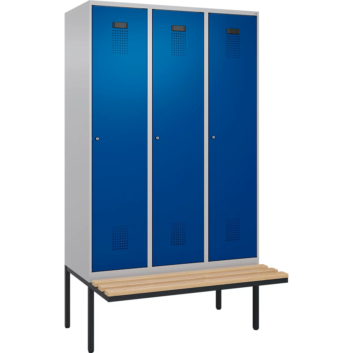 Vestiaire C+P Evolo Plus, 3 compartiments de 400 mm de large, banquette flottante, L 1200 x P 815 x H 2120 mm, cylindre, aluminium blanc/bleu gentiane
