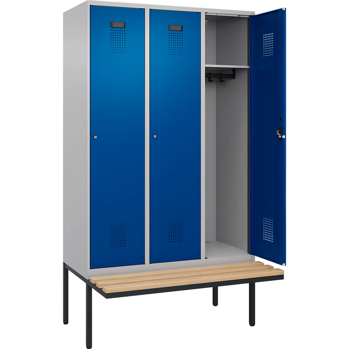 Vestiaire C+P Evolo Plus, 3 compartiments de 400 mm de large, banquette flottante, L 1200 x P 815 x H 2120 mm, cylindre, aluminium blanc/bleu gentiane