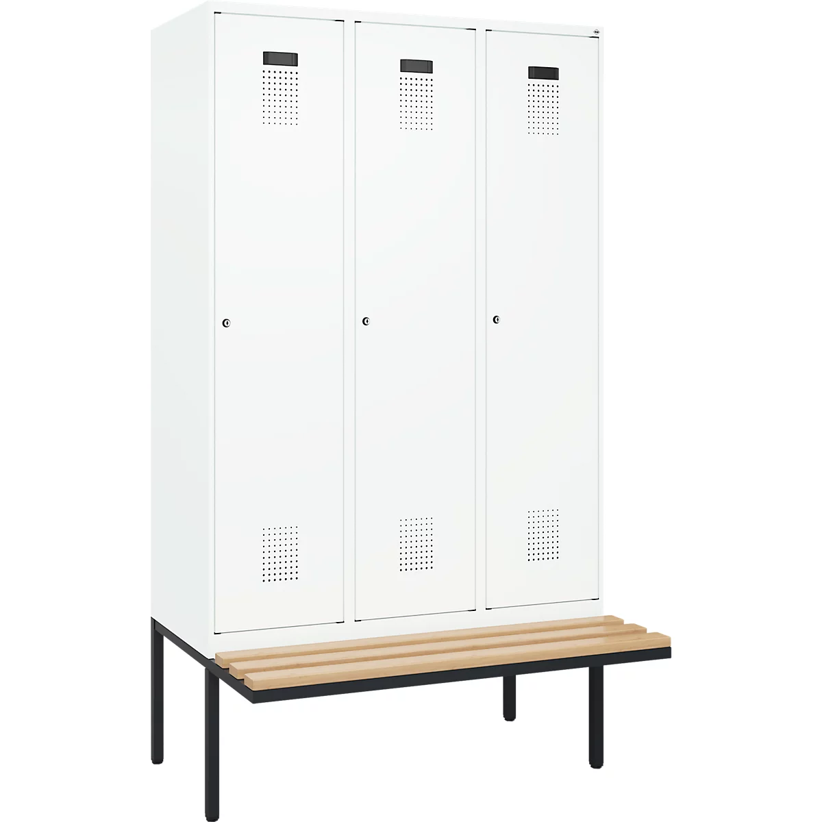 Vestiaire C+P Evolo Plus, 3 compartiments de 400 mm de large, banquette flottante, L 1200 x P 815 x H 2120 mm, cylindre, blanc signalisation/blanc trafic