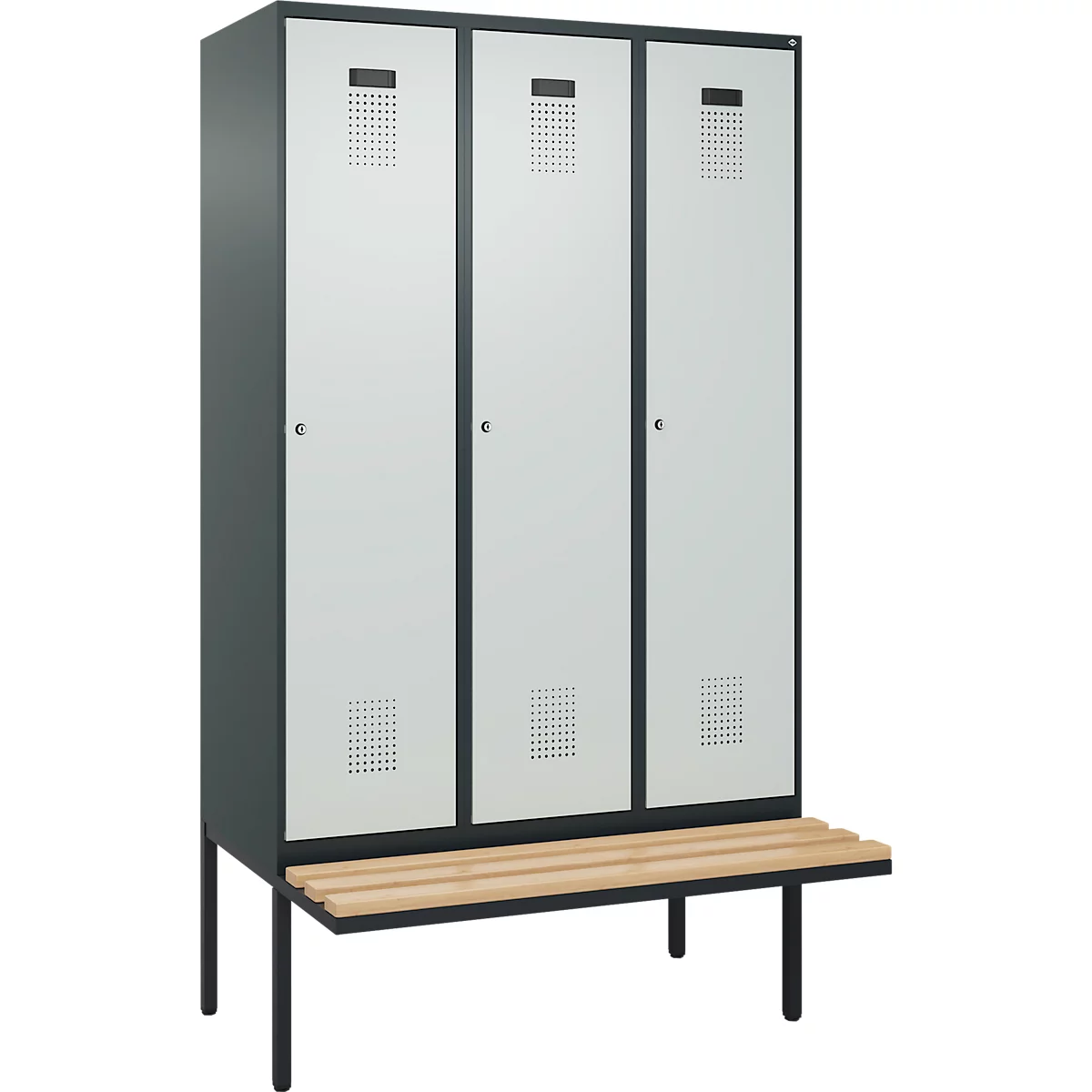 Vestiaire C+P Evolo Plus, 3 compartiments de 400 mm de large, banquette flottante, L 1200 x P 815 x H 2120 mm, cylindre, gris anthracite/gris clair