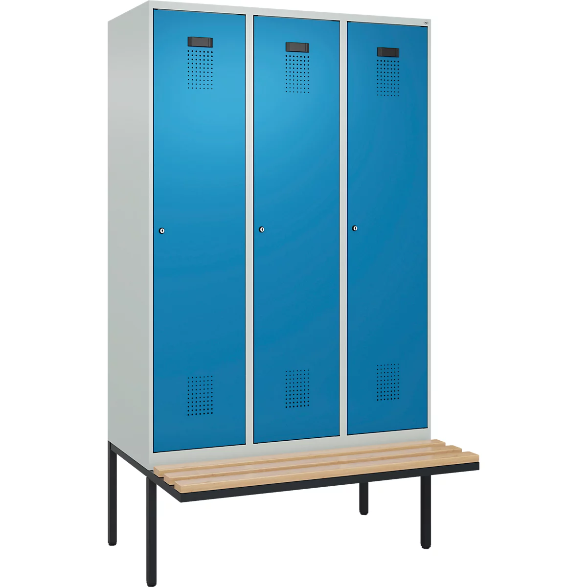 Vestiaire C+P Evolo Plus, 3 compartiments de 400 mm de large, banquette flottante, L 1200 x P 815 x H 2120 mm, cylindre, gris clair/bleu clair