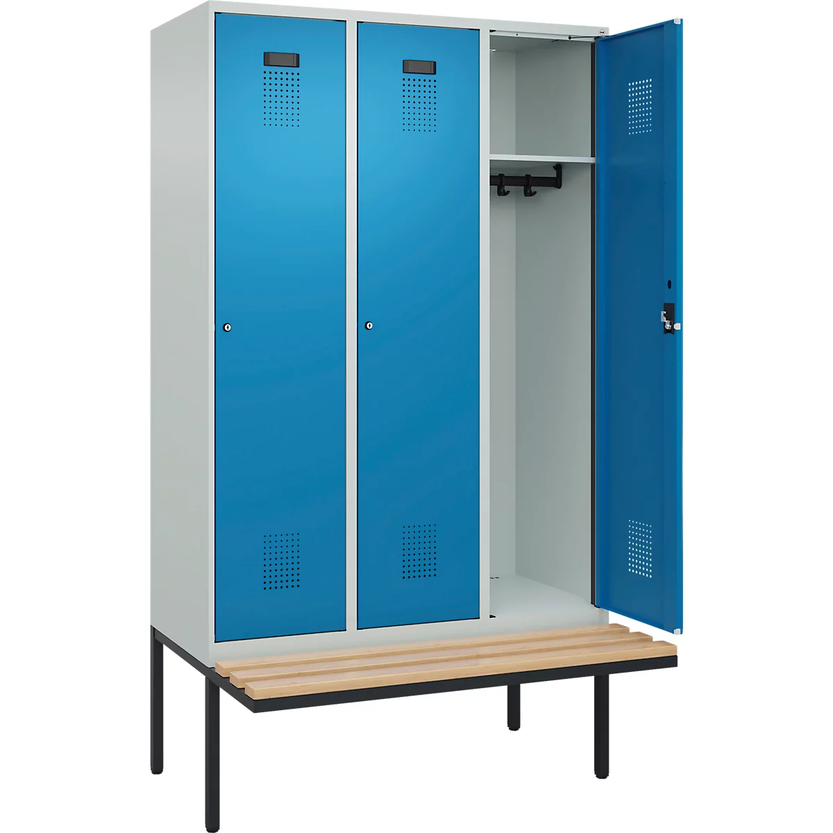 Vestiaire C+P Evolo Plus, 3 compartiments de 400 mm de large, banquette flottante, L 1200 x P 815 x H 2120 mm, cylindre, gris clair/bleu clair