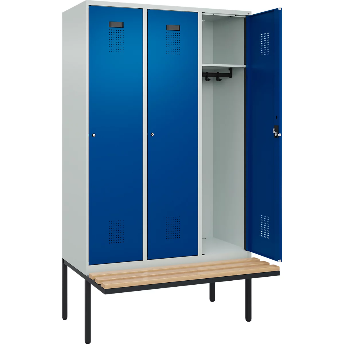 Vestiaire C+P Evolo Plus, 3 compartiments de 400 mm de large, banquette flottante, L 1200 x P 815 x H 2120 mm, cylindre, gris clair/bleu gentiane