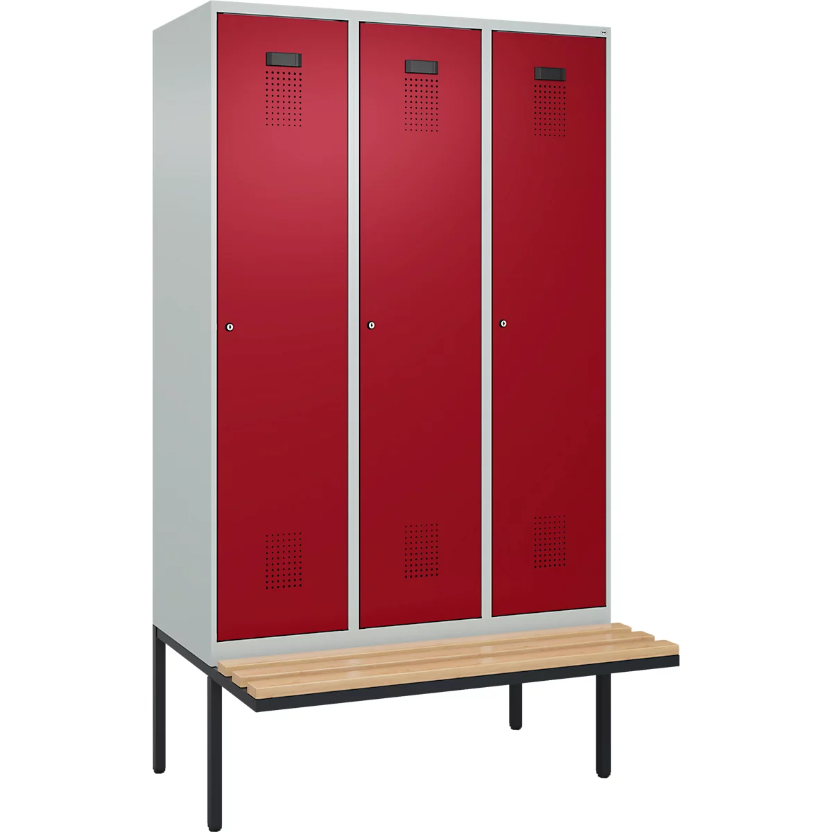 Vestiaire C+P Evolo Plus, 3 compartiments de 400 mm de large, banquette flottante, L 1200 x P 815 x H 2120 mm, cylindre, gris clair/rouge rubis