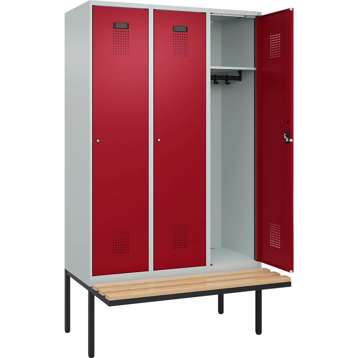 Vestiaire C+P Evolo Plus, 3 compartiments de 400 mm de large, banquette flottante, L 1200 x P 815 x H 2120 mm, cylindre, gris clair/rouge rubis