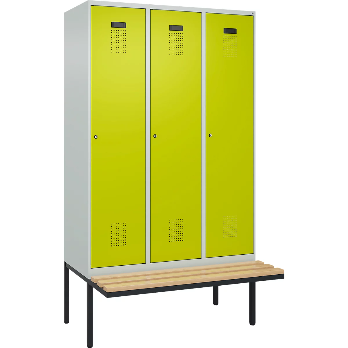 Vestiaire C+P Evolo Plus, 3 compartiments de 400 mm de large, banquette flottante, L 1200 x P 815 x H 2120 mm, cylindre, gris clair/vert clown