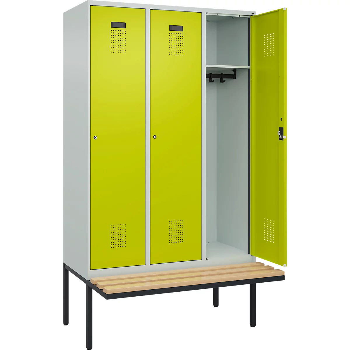 Vestiaire C+P Evolo Plus, 3 compartiments de 400 mm de large, banquette flottante, L 1200 x P 815 x H 2120 mm, cylindre, gris clair/vert clown