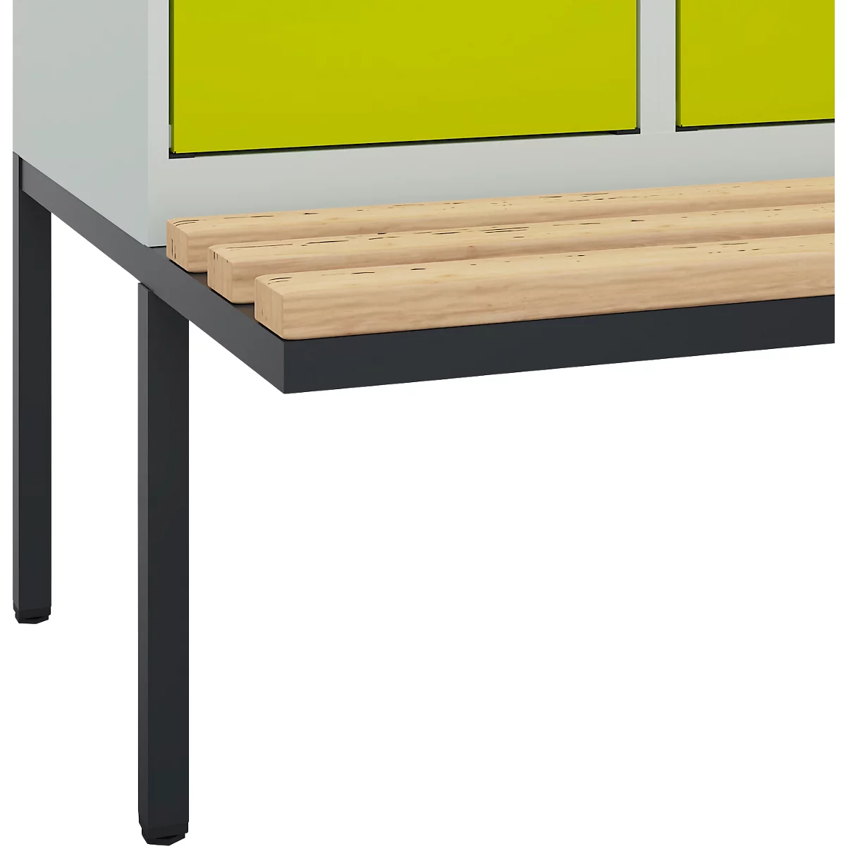Vestiaire C+P Evolo Plus, 3 compartiments de 400 mm de large, banquette flottante, L 1200 x P 815 x H 2120 mm, cylindre, gris clair/vert clown