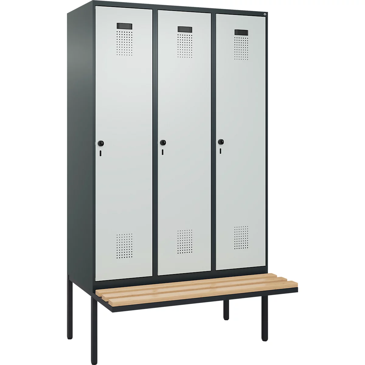 Vestiaire C+P Evolo Plus, 3 compartiments de 400 mm de large, banquette flottante, L 1200 x P 815 x H 2120 mm, loquet rotatif, gris anthracite/gris clair