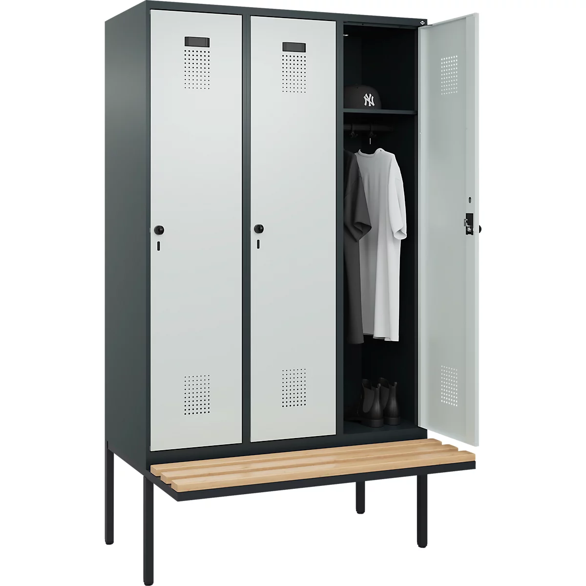 Vestiaire C+P Evolo Plus, 3 compartiments de 400 mm de large, banquette flottante, L 1200 x P 815 x H 2120 mm, loquet rotatif, gris anthracite/gris clair