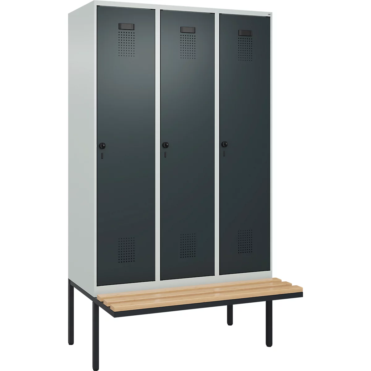 Vestiaire C+P Evolo Plus, 3 compartiments de 400 mm de large, banquette flottante, L 1200 x P 815 x H 2120 mm, loquet rotatif, gris clair/gris anthracite