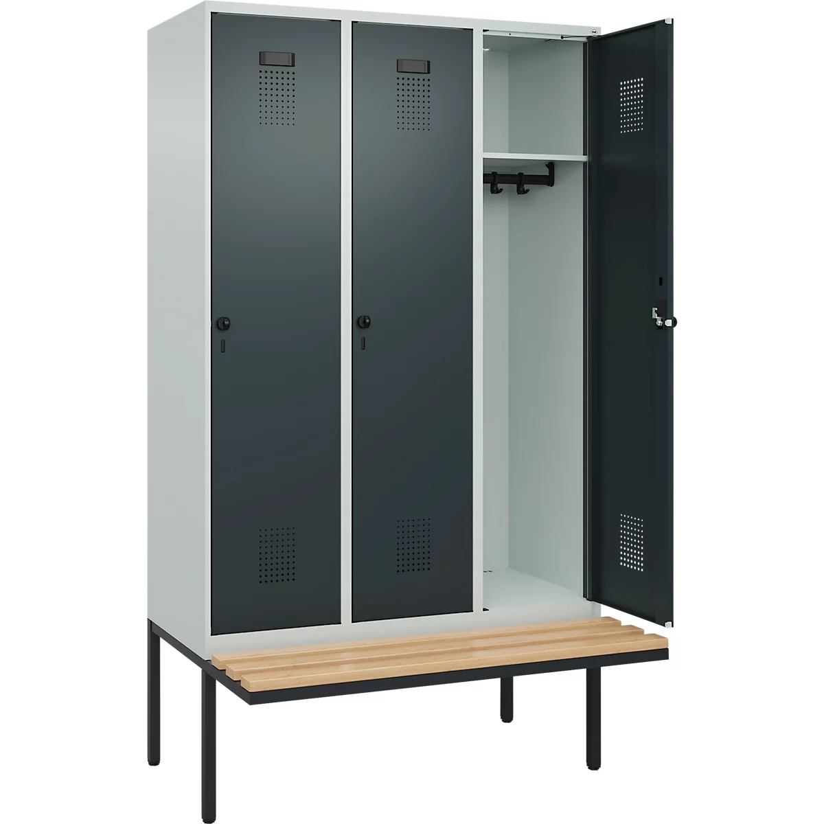 Vestiaire C+P Evolo Plus, 3 compartiments de 400 mm de large, banquette flottante, L 1200 x P 815 x H 2120 mm, loquet rotatif, gris clair/gris anthracite