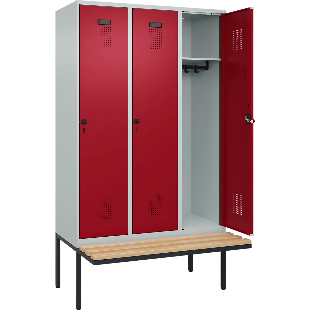 Vestiaire C+P Evolo Plus, 3 compartiments de 400 mm de large, banquette flottante, L 1200 x P 815 x H 2120 mm, loquet rotatif, gris clair/rouge rubis