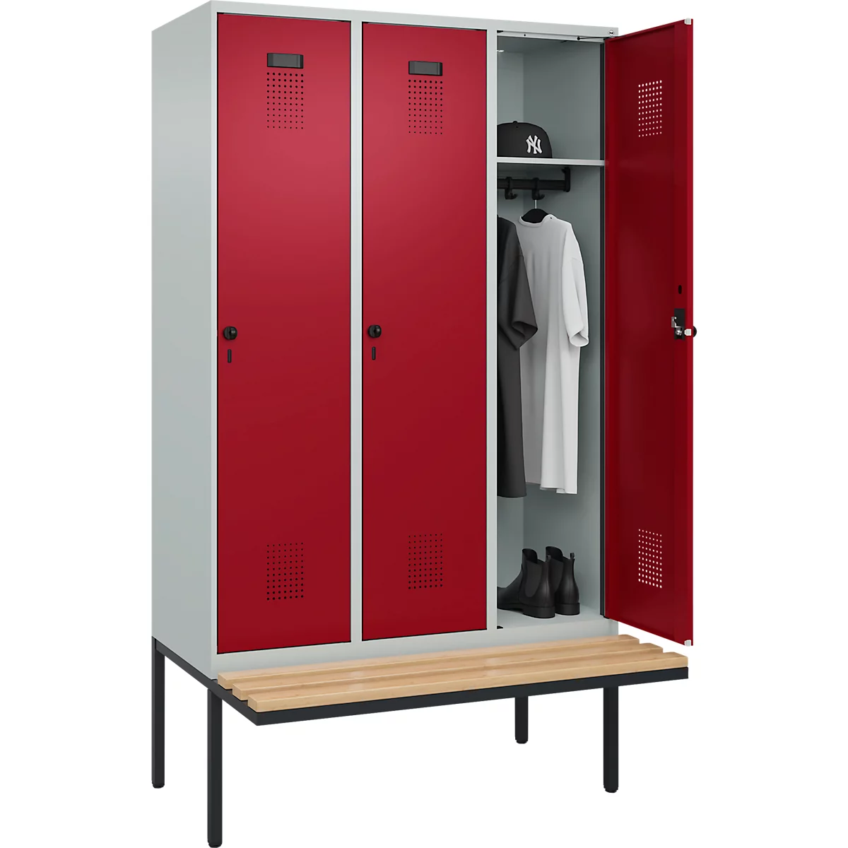 Vestiaire C+P Evolo Plus, 3 compartiments de 400 mm de large, banquette flottante, L 1200 x P 815 x H 2120 mm, loquet rotatif, gris clair/rouge rubis