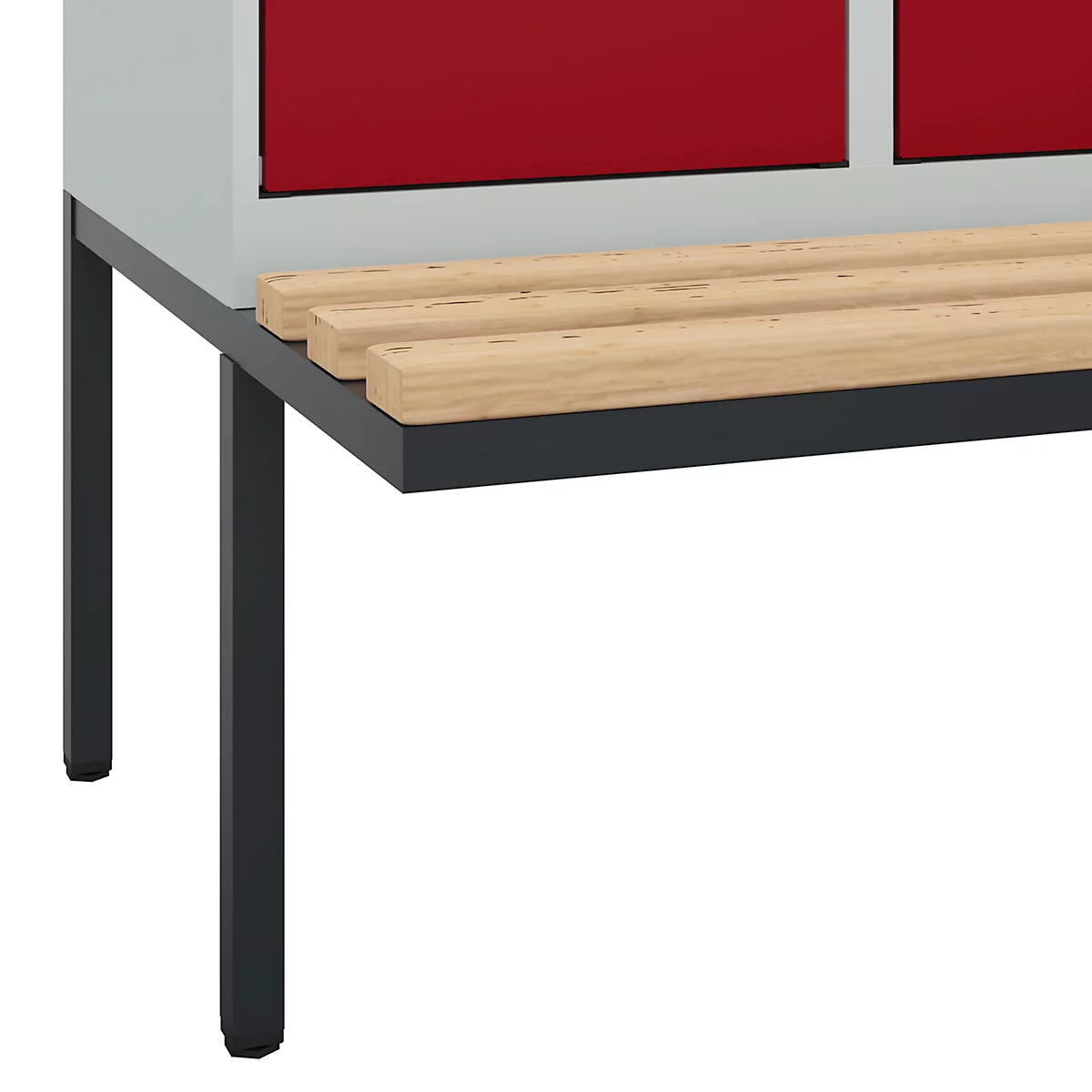 Vestiaire C+P Evolo Plus, 3 compartiments de 400 mm de large, banquette flottante, L 1200 x P 815 x H 2120 mm, loquet rotatif, gris clair/rouge rubis