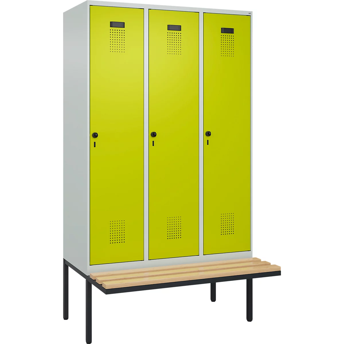 Vestiaire C+P Evolo Plus, 3 compartiments de 400 mm de large, banquette flottante, L 1200 x P 815 x H 2120 mm, loquet rotatif, gris clair/vert clown