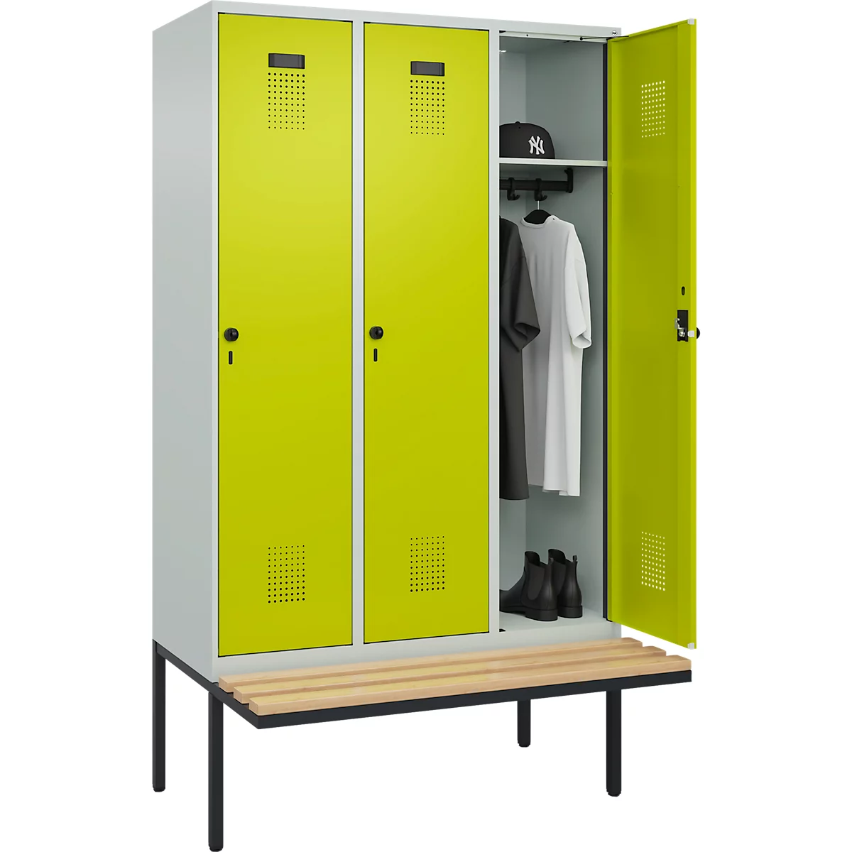 Vestiaire C+P Evolo Plus, 3 compartiments de 400 mm de large, banquette flottante, L 1200 x P 815 x H 2120 mm, loquet rotatif, gris clair/vert clown