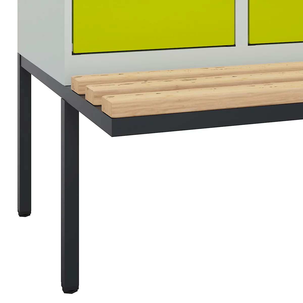 Vestiaire C+P Evolo Plus, 3 compartiments de 400 mm de large, banquette flottante, L 1200 x P 815 x H 2120 mm, loquet rotatif, gris clair/vert clown