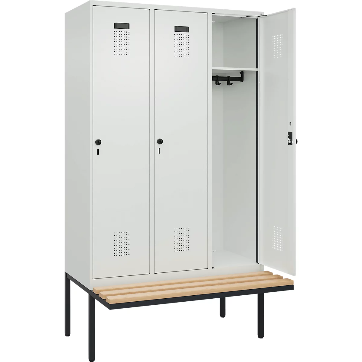 Vestiaire C+P Evolo Plus, 3 compartiments de 400 mm de large, banquette flottante, L 1200 x P 815 x H 2120 mm, verrou rotatif, gris clair/gris clair