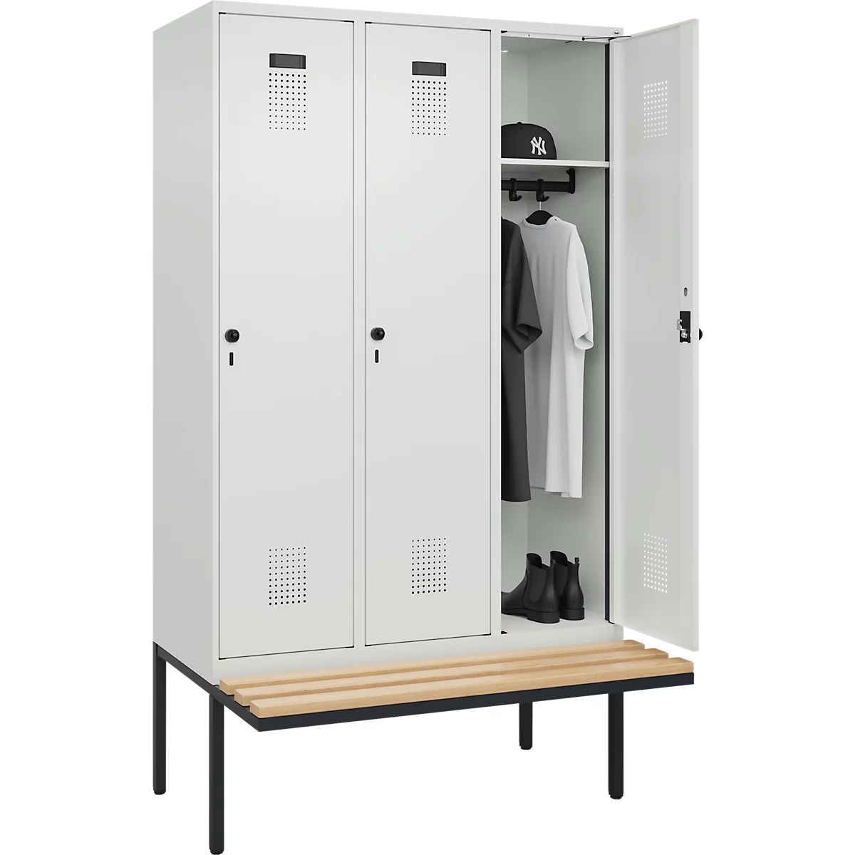 Vestiaire C+P Evolo Plus, 3 compartiments de 400 mm de large, banquette flottante, L 1200 x P 815 x H 2120 mm, verrou rotatif, gris clair/gris clair