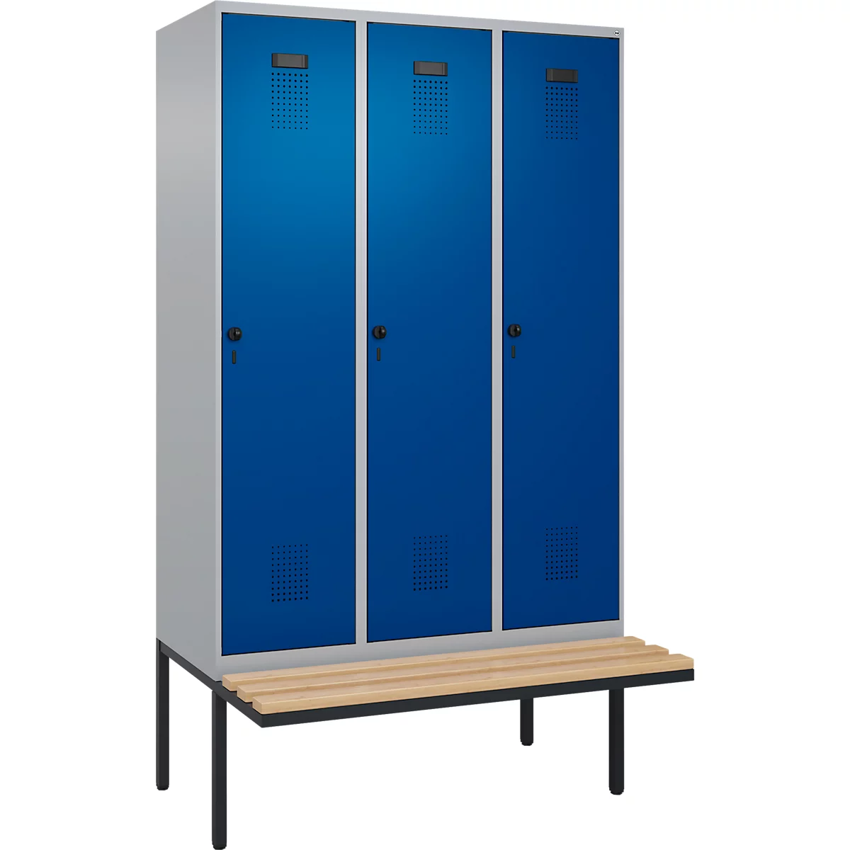 Vestiaire C+P Evolo Plus, 3 compartiments de 400 mm de large, banquette flottante, L 1200 x P 815 x H 2120 mm, verrou tournant, aluminium blanc/bleu gentiane