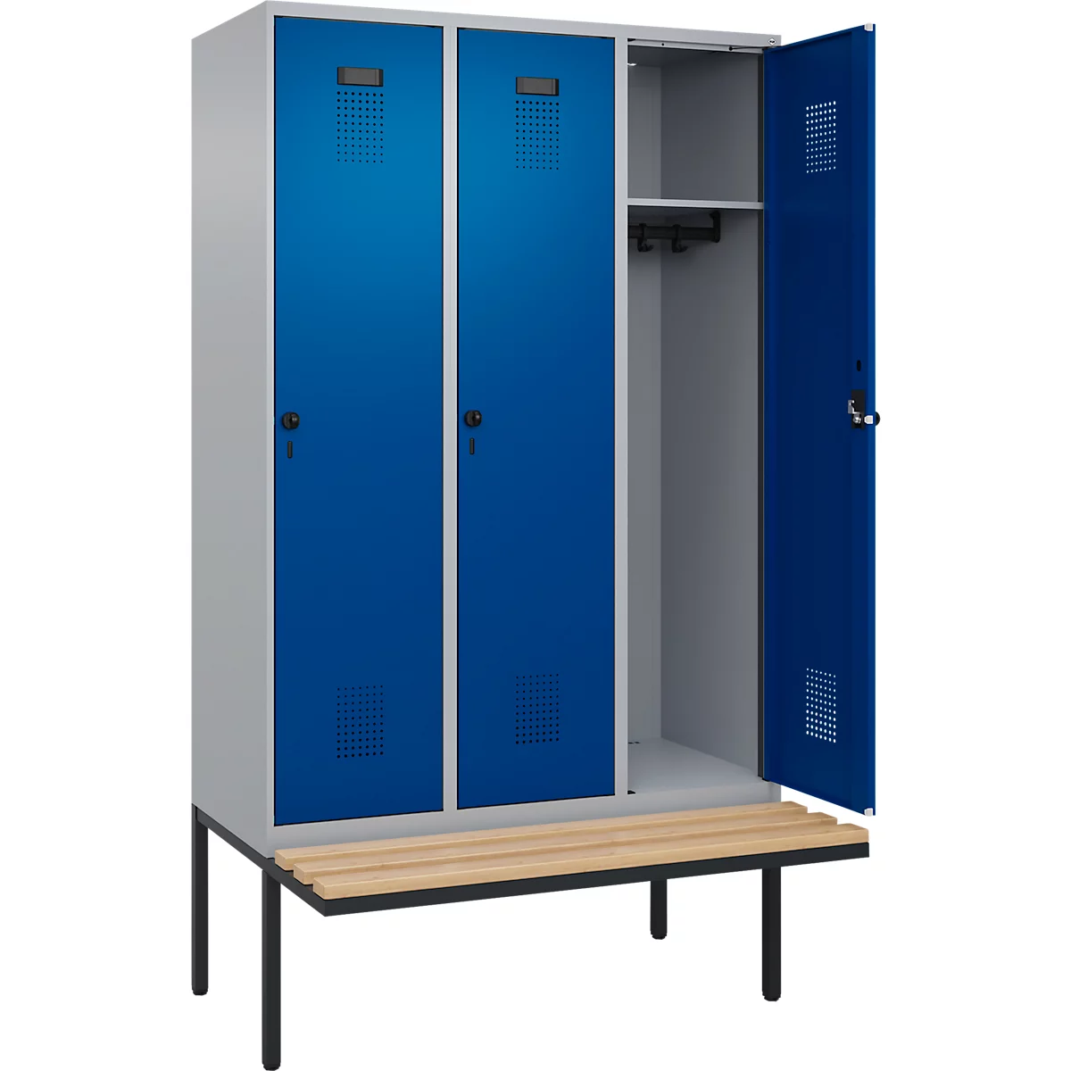 Vestiaire C+P Evolo Plus, 3 compartiments de 400 mm de large, banquette flottante, L 1200 x P 815 x H 2120 mm, verrou tournant, aluminium blanc/bleu gentiane