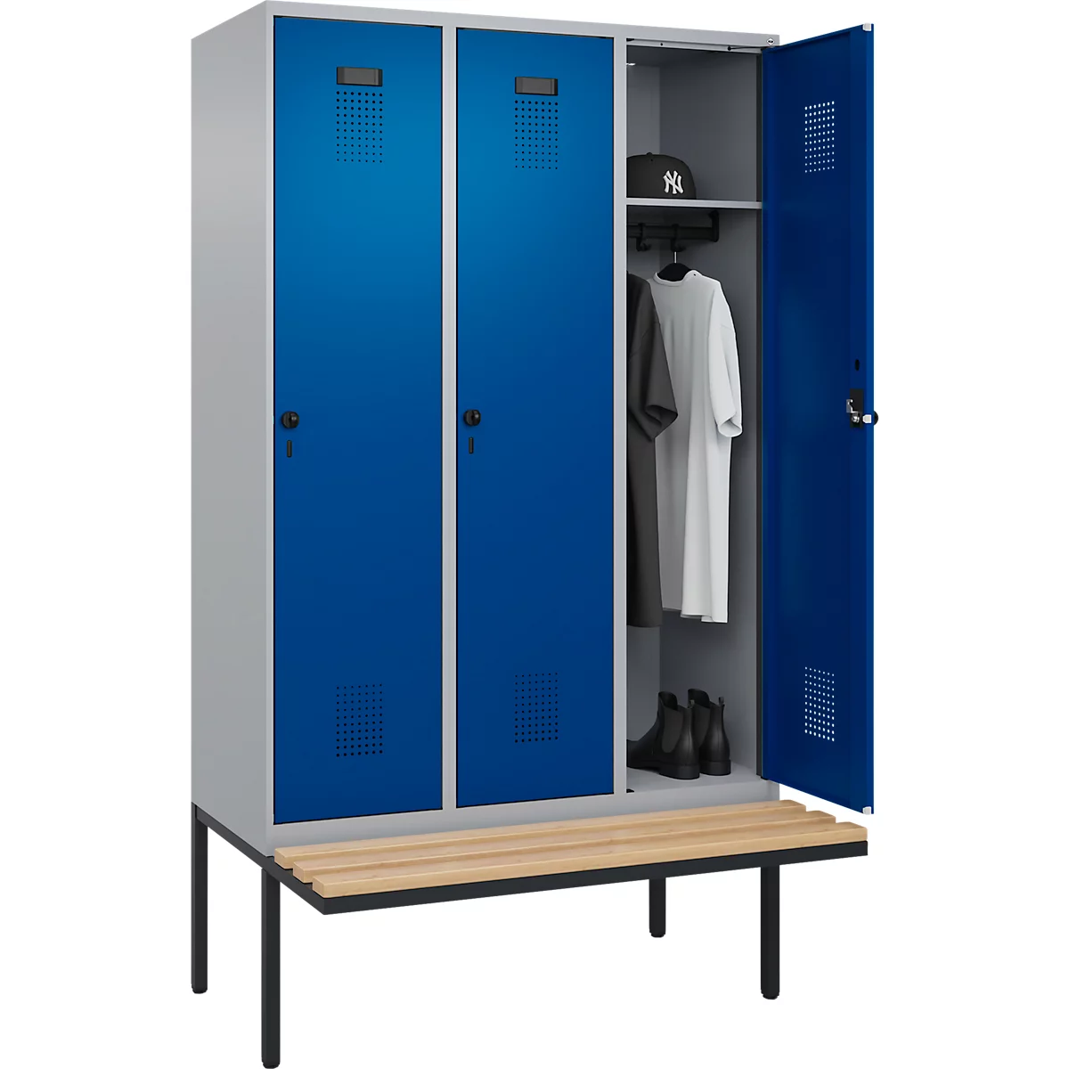 Vestiaire C+P Evolo Plus, 3 compartiments de 400 mm de large, banquette flottante, L 1200 x P 815 x H 2120 mm, verrou tournant, aluminium blanc/bleu gentiane