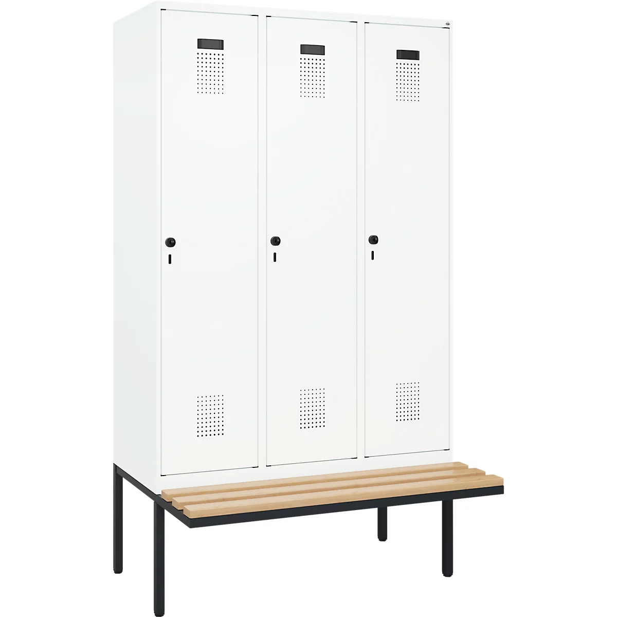 Vestiaire C+P Evolo Plus, 3 compartiments de 400 mm de large, banquette flottante, L 1200 x P 815 x H 2120 mm, verrou tournant, blanc signalisation/blanc trafic