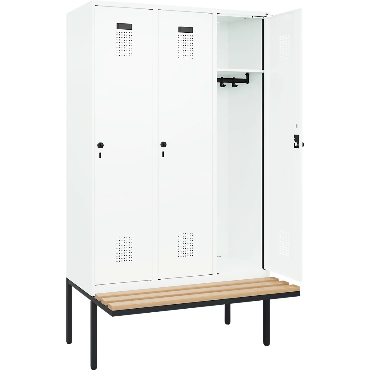 Vestiaire C+P Evolo Plus, 3 compartiments de 400 mm de large, banquette flottante, L 1200 x P 815 x H 2120 mm, verrou tournant, blanc signalisation/blanc trafic