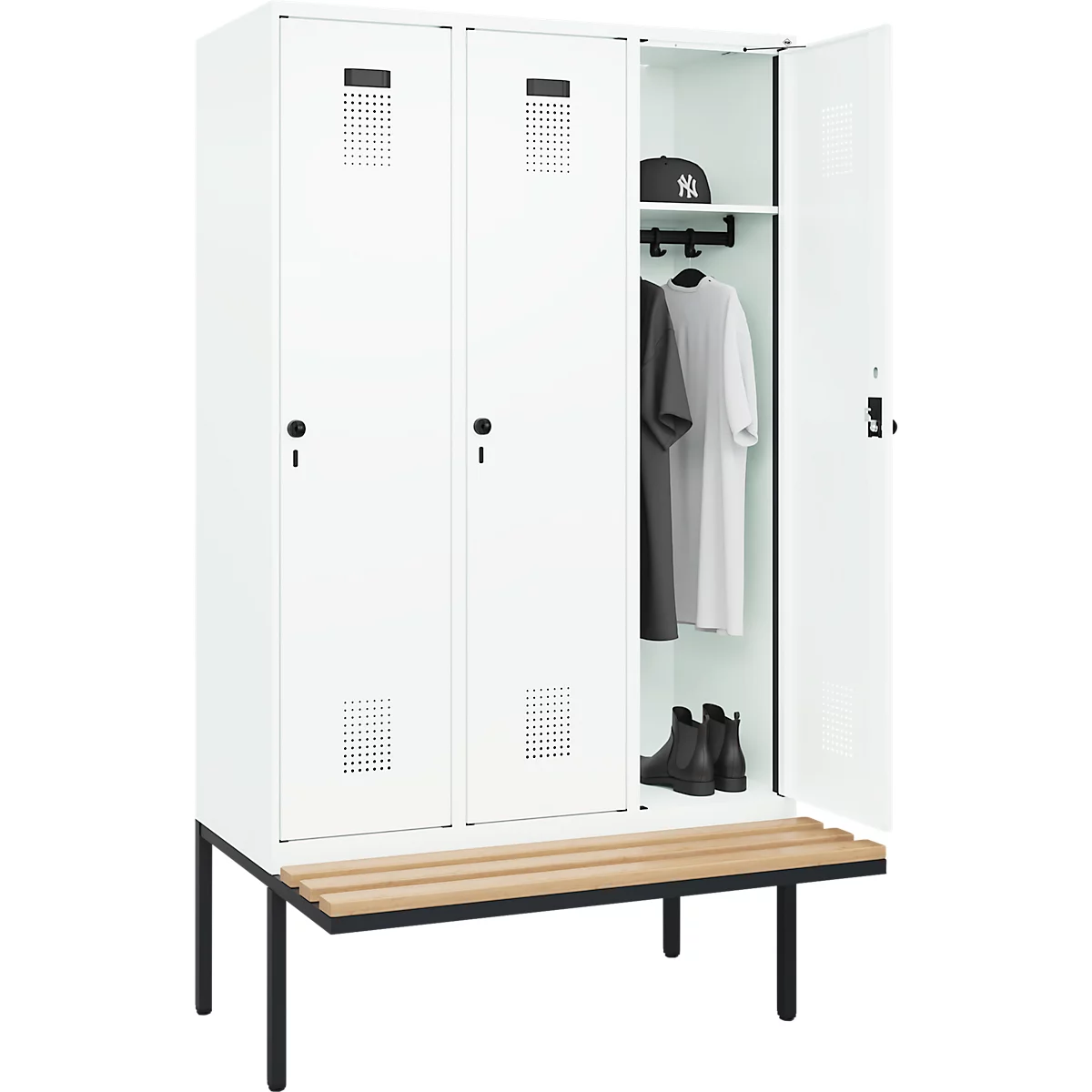 Vestiaire C+P Evolo Plus, 3 compartiments de 400 mm de large, banquette flottante, L 1200 x P 815 x H 2120 mm, verrou tournant, blanc signalisation/blanc trafic