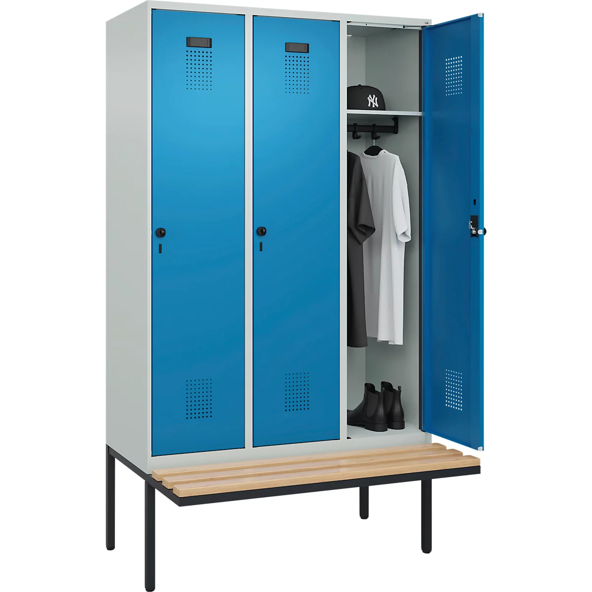 Vestiaire C+P Evolo Plus, 3 compartiments de 400 mm de large, banquette flottante, L 1200 x P 815 x H 2120 mm, verrou tournant, gris clair/bleu clair