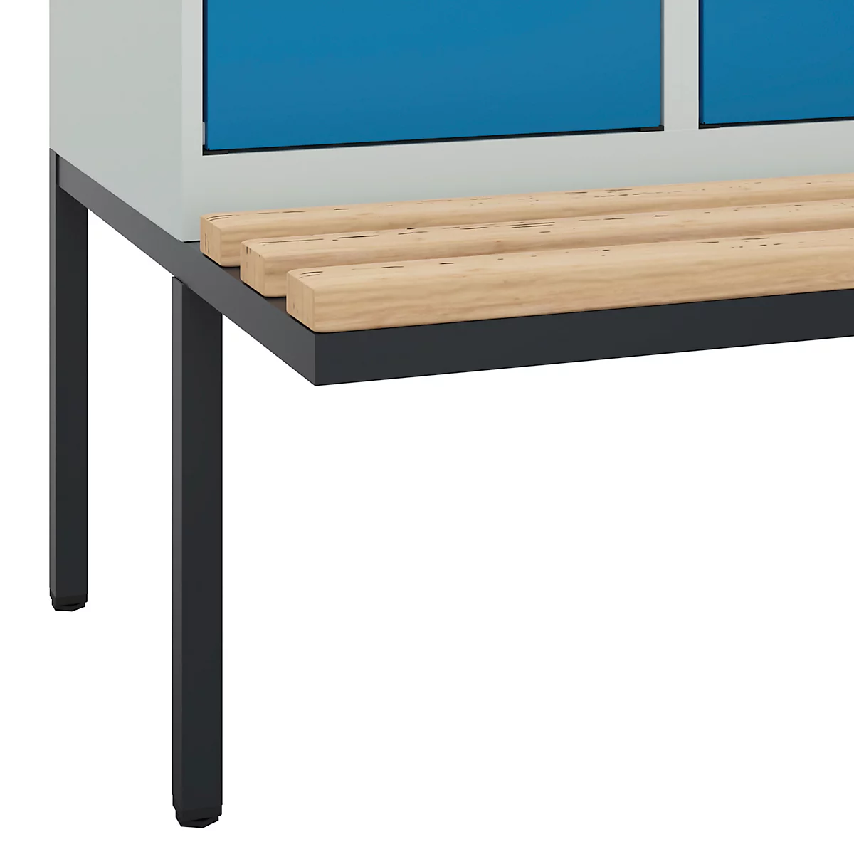 Vestiaire C+P Evolo Plus, 3 compartiments de 400 mm de large, banquette flottante, L 1200 x P 815 x H 2120 mm, verrou tournant, gris clair/bleu clair