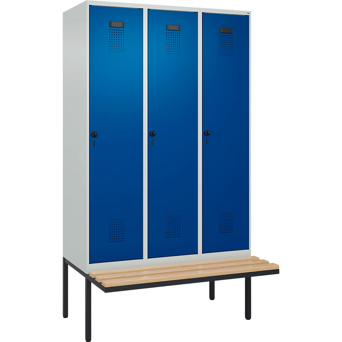 Vestiaire C+P Evolo Plus, 3 compartiments de 400 mm de large, banquette flottante, L 1200 x P 815 x H 2120 mm, verrou tournant, gris clair/bleu gentiane
