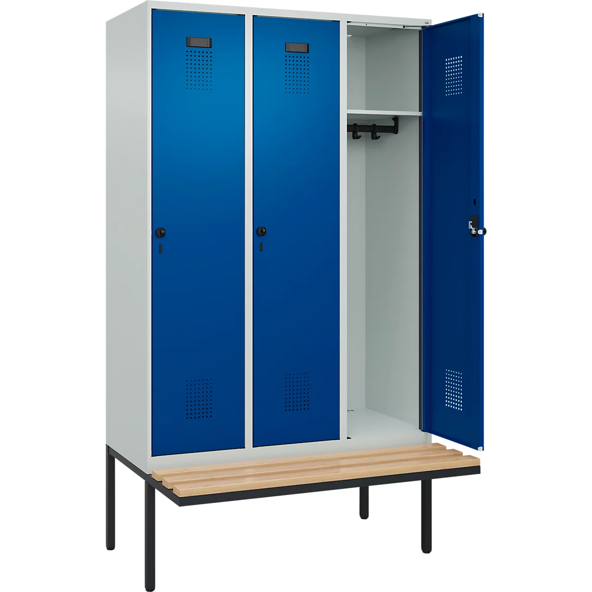 Vestiaire C+P Evolo Plus, 3 compartiments de 400 mm de large, banquette flottante, L 1200 x P 815 x H 2120 mm, verrou tournant, gris clair/bleu gentiane