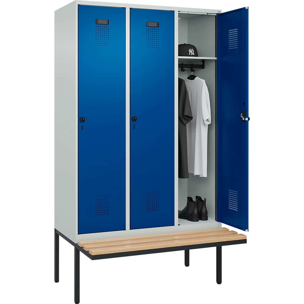Vestiaire C+P Evolo Plus, 3 compartiments de 400 mm de large, banquette flottante, L 1200 x P 815 x H 2120 mm, verrou tournant, gris clair/bleu gentiane